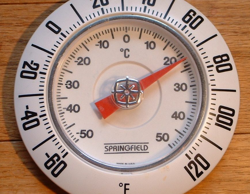A temperature gauge showing F and C