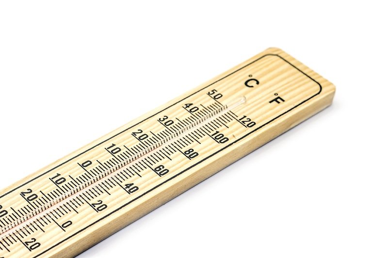 A wooden thermometer showing Fahrenheit and Celsius