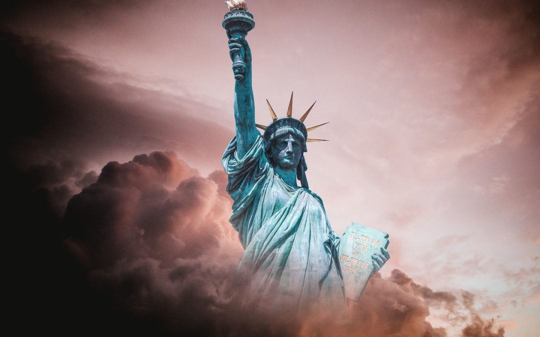The statue of Liberty in a dense cloud